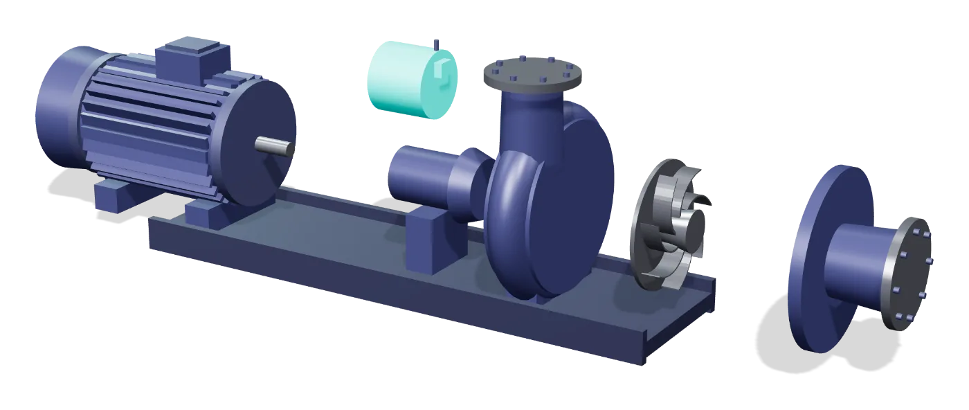 Exploded view of the pump: motor, coupling, bearings, casing, impeller